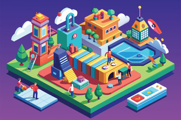 People engage in diverse activities within a colorful isometric urban landscape filled with trees and buildings Exciting news Customizable Isometric Illustration