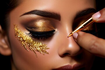 33 an artist meticulously applying a shimmery golden eyeshadow t