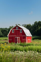 Obraz premium Classic Red Barn Amidst Lush Green Fields and Serene Countryside Landscape on a Clear Day