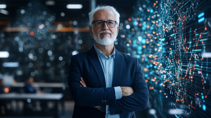 Fototapeta premium Innovative businessman with glasses stands confidently in modern office, surrounded by digital data visualizations. His expression reflects determination and expertise in technology