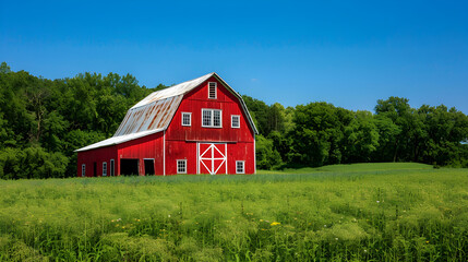 Obraz premium Classic Red Barn Amidst Lush Green Fields and Serene Countryside Landscape on a Clear Day