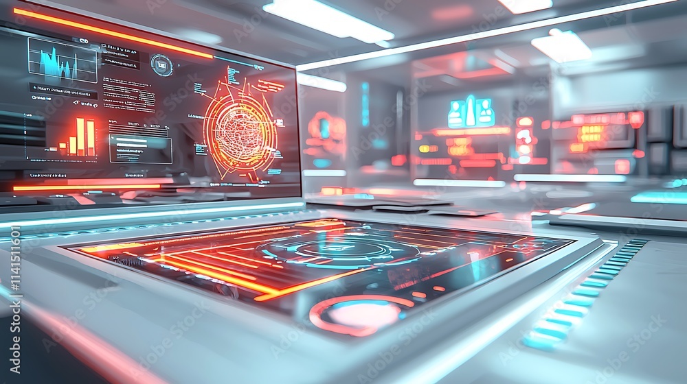 Poster Futuristic tech interface on a sleek, white control panel with glowing red and blue accents, displaying data and graphs.
