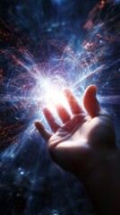 Hand reaching towards glowing cosmic energy with