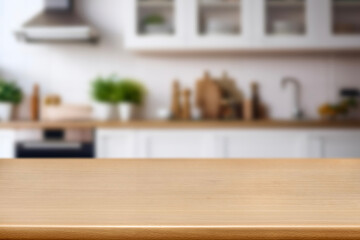 Kitchen wood table top for product display with blurred modern interior. Wooden tabletop over defocused kitchen background. kitchen furniture and desk space. product promotion in the kitchen