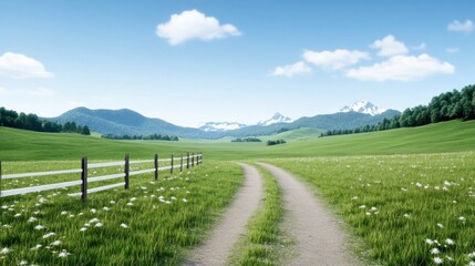 Scenic landscape with a dirt path, green fields, and mountains.