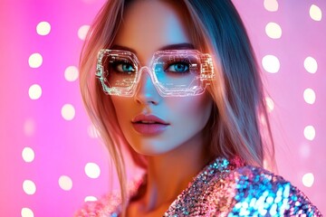 Fototapeta premium A futuristic scene of a cyber-enhanced woman with glowing tech implants, standing in a neon-lit cityscape