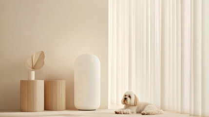 A cozy interior scene featuring fluffy dog resting beside minimalist decor, including cylindrical vases and sculptural element, all set against soft, neutral tones