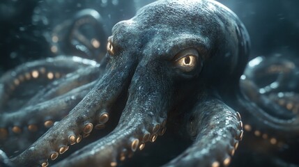 Closeup realistic octopus in underwater background