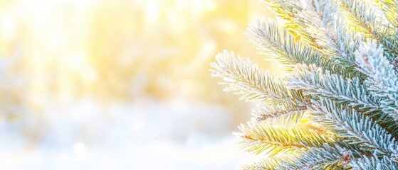 Tree branch covered in snow. The snow is white and the branch is green. The branch is in the foreground and the background is a snowy field