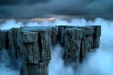 A gothic depiction of a fjord at night, with mist swirling around jagged cliffs and a dark, brooding sky above