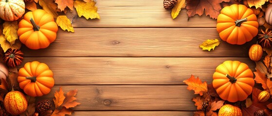 Wooden background with a row of pumpkins and leaves. The pumpkins are orange and the leaves are yellow