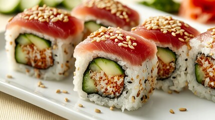 Close-up of sushi rolls with precise cuts of tuna and cucumber, garnished with sesame seeds, presented elegantly on a white plate with a plain backdrop 