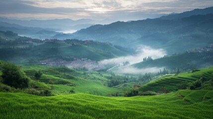 Fototapeta premium A serene landscape showcasing rolling hill, wallpaper, background and misty valleys, highlighting nature's beauty.