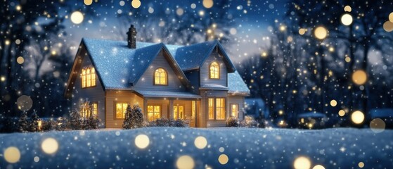 Fototapeta premium House with a chimney and a porch is covered in snow. The house is lit up with lights, giving it a warm and cozy atmosphere