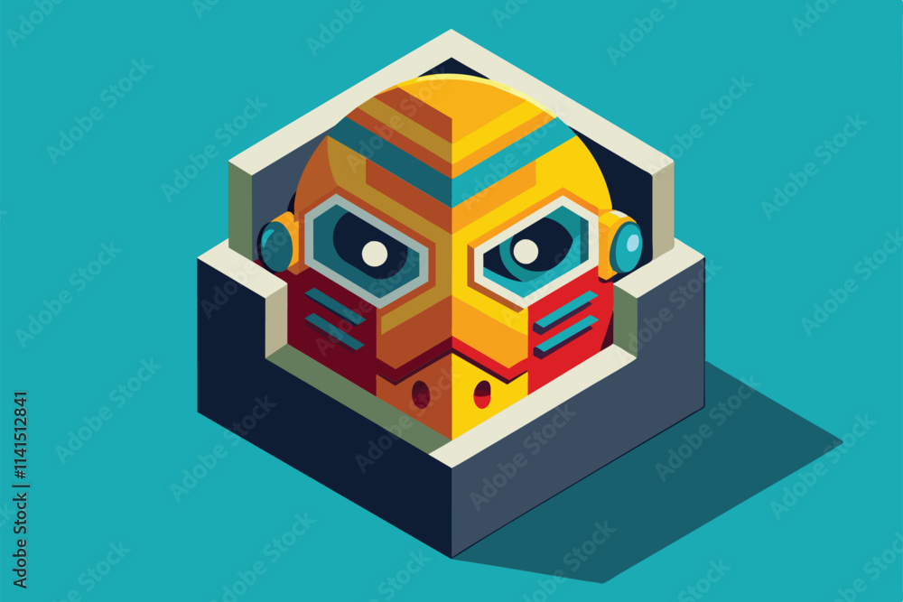 Poster a vibrant isometric design featuring a unique face mask emoji with customizable elements face mask e