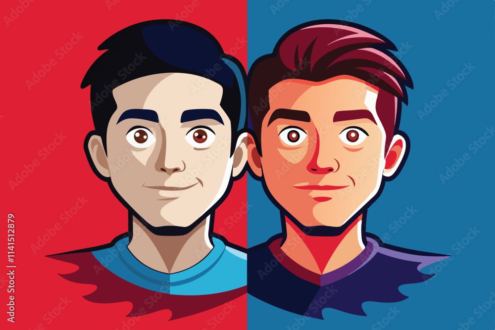 Poster two cartoon characters face each other with lively expressions showcasing a friendly interaction fac