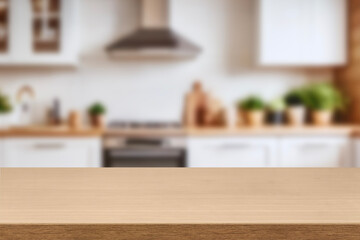 Kitchen wood table top for product display with blurred modern interior. Wooden tabletop over defocused kitchen background. kitchen furniture and desk space. product promotion in the kitchen
