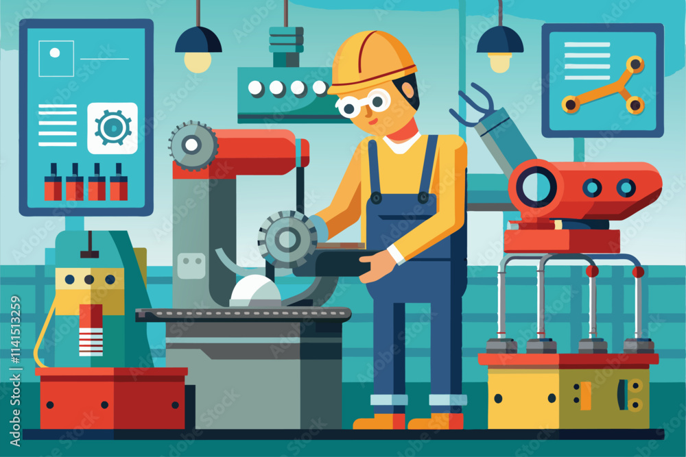 Poster factory worker focuses on fixing a machine while surrounded by various tools and equipment factory w
