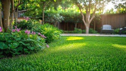 Lush Green Lawn Surrounded by Vibrant Flower Bed in Sunny Backyard