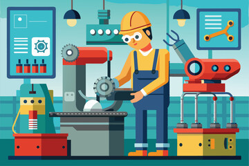 Factory worker focuses on fixing a machine while surrounded by various tools and equipment Factory worker repairing machine