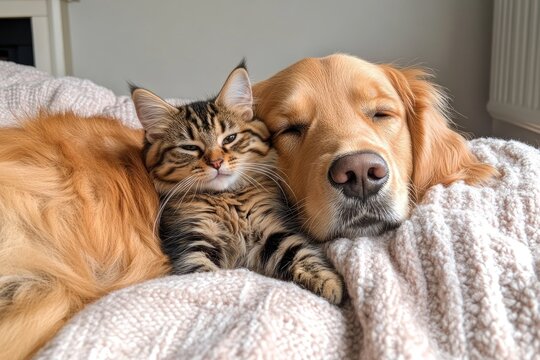 Cat and dog peacefully resting together blanket