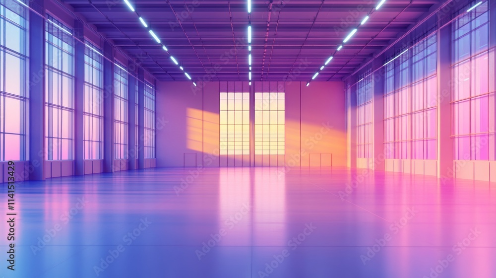 Poster a spacious, brightly lit interior with large windows and a colorful gradient effect.