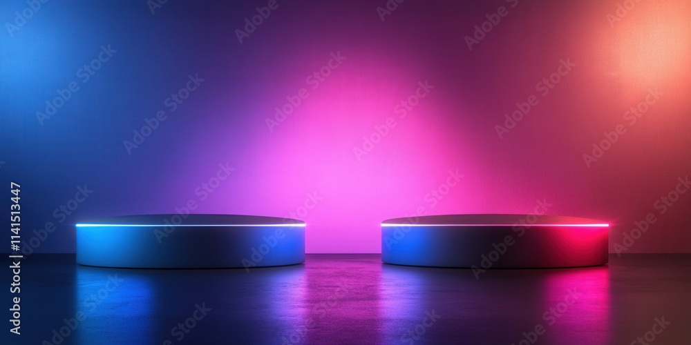 Poster minimalist podium with smooth edges on a gradient background emitting soft colored lights for presen