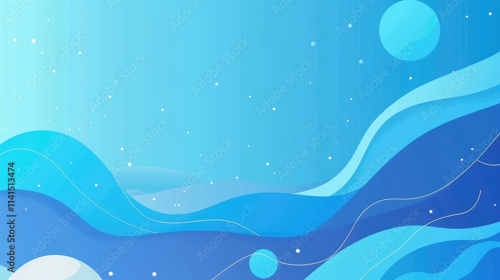 Poster abstract blue waves with circular shapes, creating a serene, modern background.
