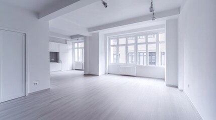 A spacious, minimalist interior of a modern, empty room with large windows.
