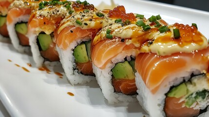 Close-up of sushi rolls with precise cuts of tuna and cucumber, garnished with sesame seeds, presented elegantly on a white plate with a plain backdrop 