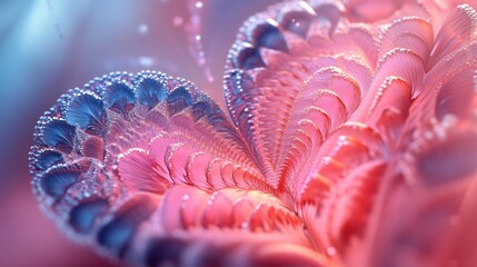 A vibrant, abstract image featuring intricate swirls of pink and blue, resembling a heart shape with delicate details and a soft, ethereal glow.