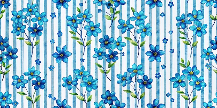 Seamless Night Photography of Fashionable Small Blue Flower Pattern on White Stripes for Textile Design, Wallpaper, and Gift Wrapping