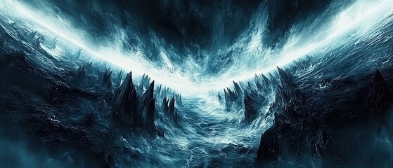 Blue and white ocean scene with a large wave crashing into a rocky shore. Scene is intense and dramatic, with the powerful force of the wave and the rugged landscape of the shoreline