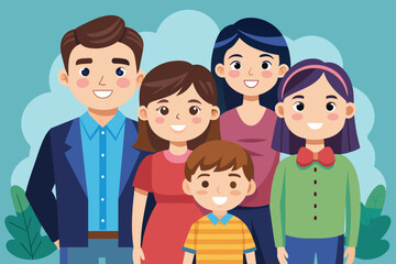 A cheerful cartoon family stands together, showcasing bright smiles and colorful outfits against a green backdrop Family Customizable Cartoon Illustration