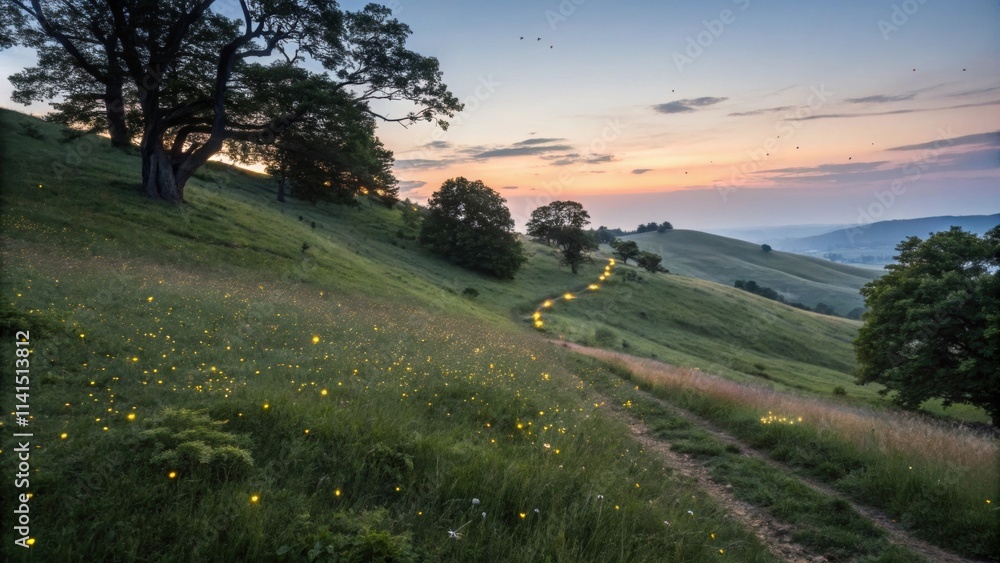 Poster fireflies create a magical atmosphere, illuminating a path through green hills at sunset, creating a
