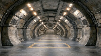 A spacious, industrial tunnel with concrete walls and bright overhead lights.