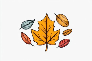 Obraz premium A minimalist illustration of a single maple leaf falling gracefully, drawn with simple lines and soft autumn tones on a white background