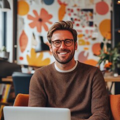 Fototapeta premium Young man smiling while working on laptop in stylish office space
