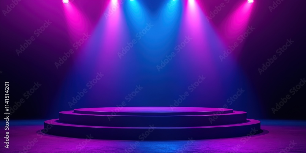 Poster Minimalist Podium with Smooth Edges Highlighted by Vibrant Stage Lighting in a Dark Setting for Dramatic Performance or Presentation Use