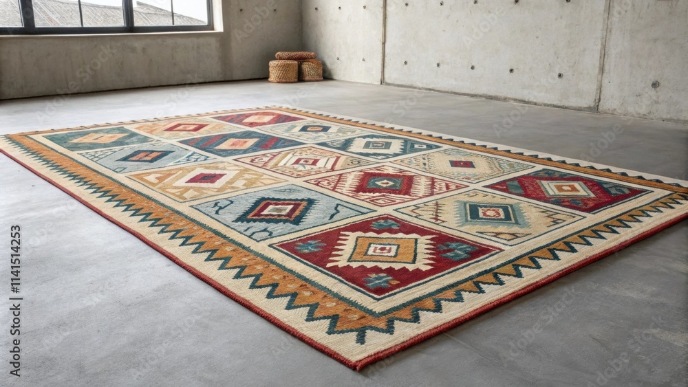 Poster a plush area rug featuring geometric patterns adds softness to the otherwise stark concrete floor pr