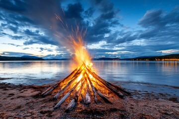 A mysterious celebration with glowing fireworks reflecting on a dark lake, surrounded by shadowy figures