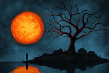 A mysterious celebration with glowing fireworks reflecting on a dark lake, surrounded by shadowy figures