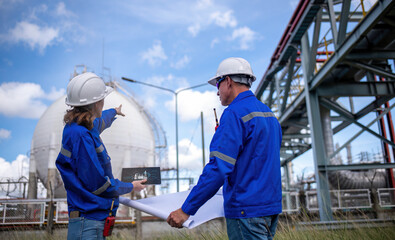 Engineers wearing safety gear, including hard hats examining survey detail standing industrial facility gas or oil refinery engaged in a job requires high safety standards concept.	