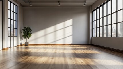 Obraz premium A spacious, well-lit room with large windows and a potted plant, ideal for various activities.