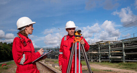 Surveyor engineers team wearing safety uniform and blueprint checking inspection by theodolite...