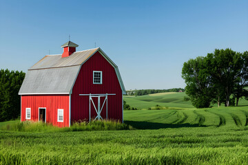 Classic Red Barn Amidst Lush Green Fields and Serene Countryside Landscape on a Clear Day
