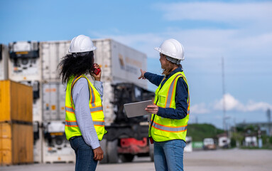 Engineer or dockworker working in the construction container dock yard checking and inspection containers data on computer program environment is container shipping Logistics business concept.