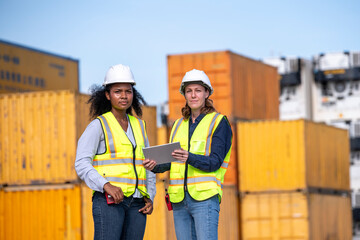 Engineer or dockworker working in the construction container dock yard checking and inspection containers data on computer program environment is container shipping Logistics business concept.