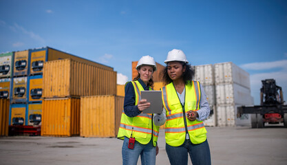 Engineer or dockworker working in the construction container dock yard checking and inspection containers data on computer program environment is container shipping Logistics business concept.