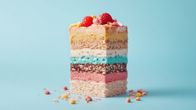 Colorful layered cake slice display vibrant background food photography sweet treats close-up
